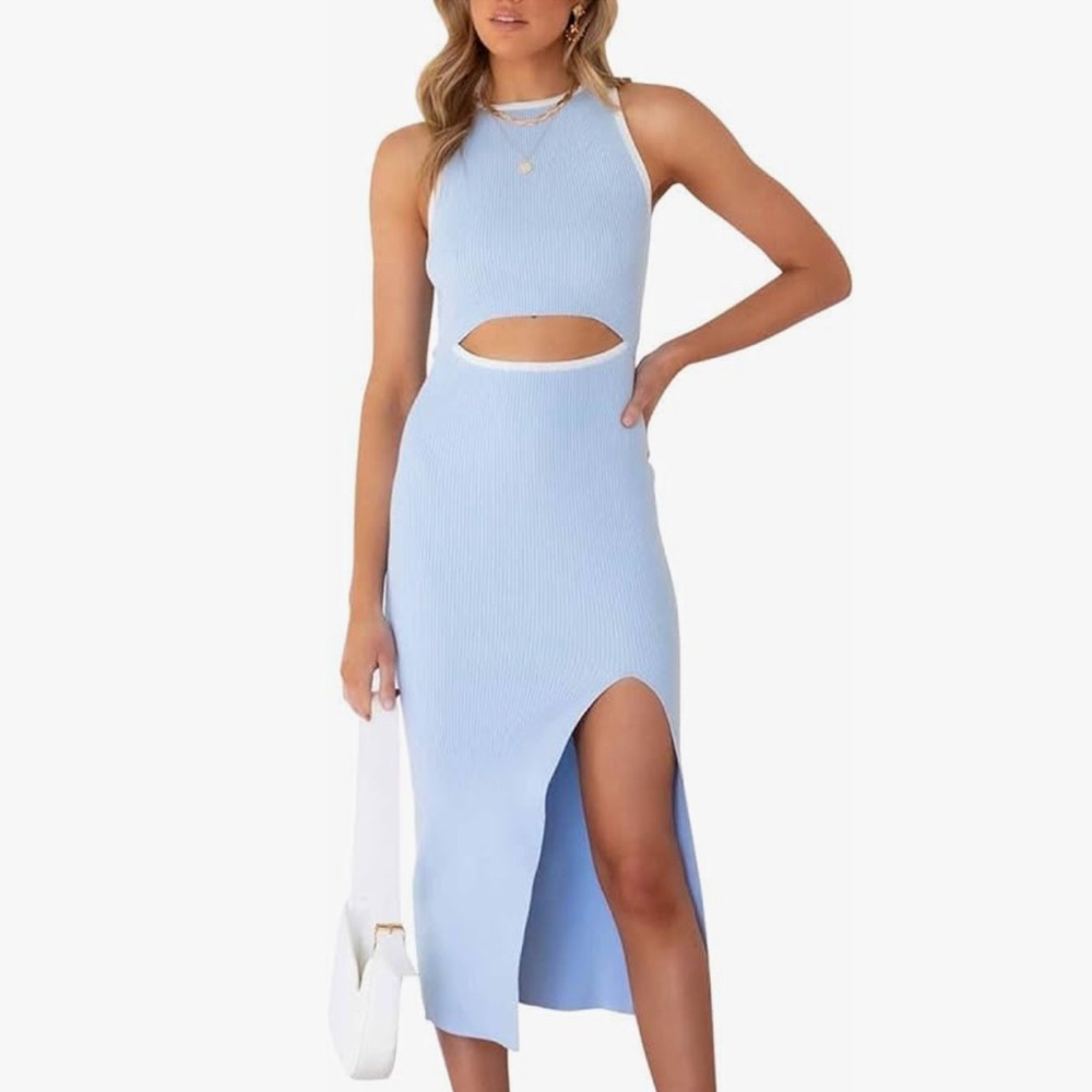 Santorini Blue Cutout Crew Neck Sleeveless Tank Slit Ribbed Bodycon Midi Dress - Picture 2 of 7